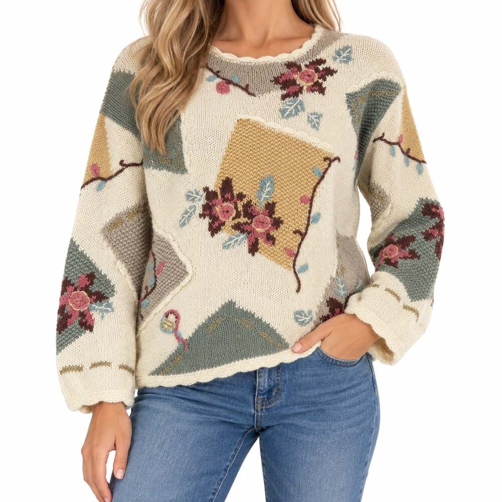 Handknit Grandmacore Sweater Vintage Floral Patchwork Women S